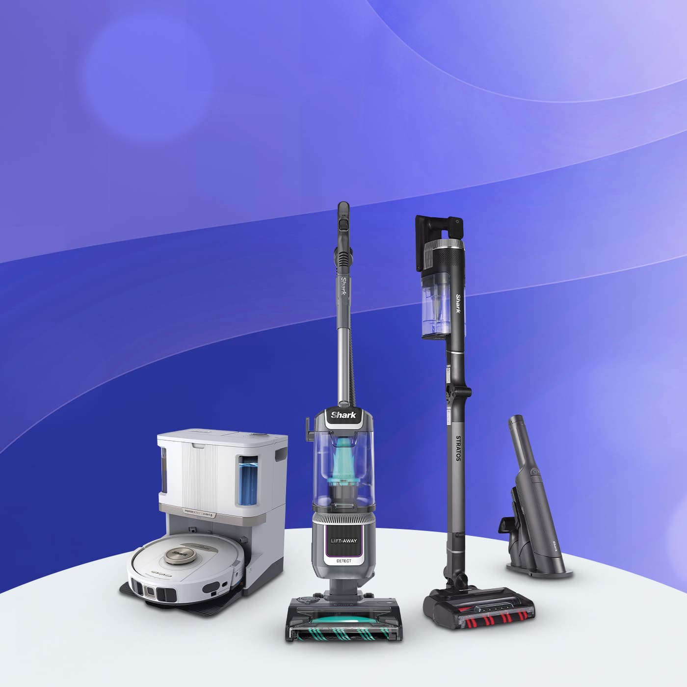 A selection of Shark home appliances, including vacuum cleaners, a steam mop, a hair dryer, and an air purifier, displayed on a light grey gradient background